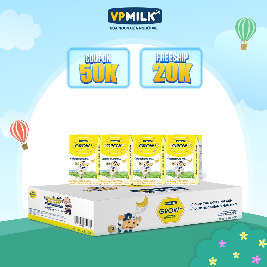 Sữa tiệt trùng VPMilk Grow+ vị dâu/vị chuối 110ml (thùng 48 hộp)