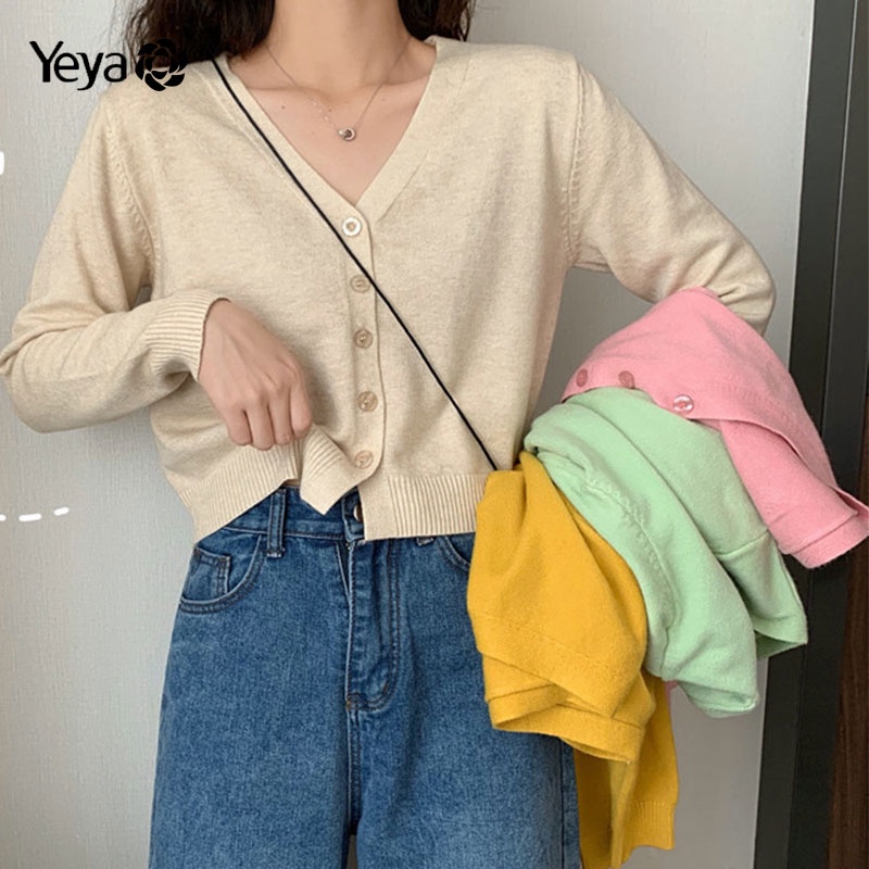 Áo khoác cardigan YEYA dài tay cổ chữ v màu sắc đơn giản phong cách hàn quốc