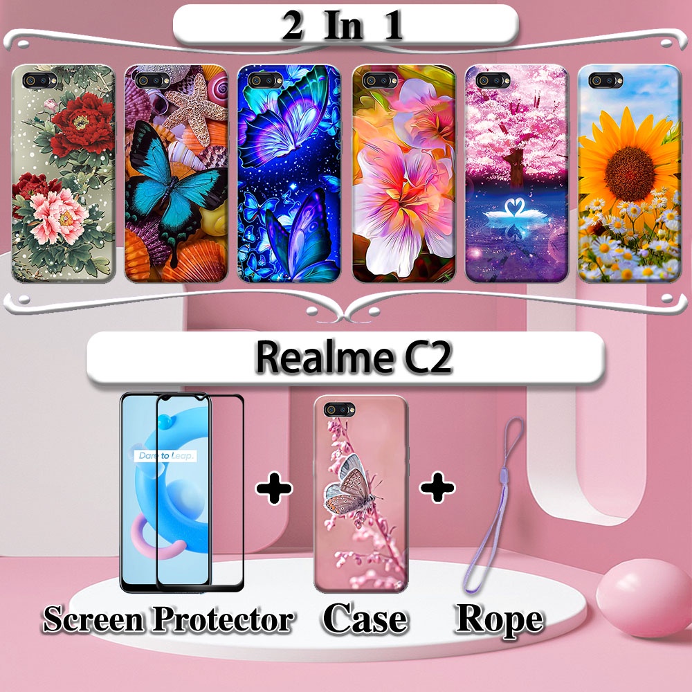 Ốp Lưng Điện Thoại Tráng Gương Cường Lực 2 Trong 1 Họa Tiết Hoa Cho Realme C2