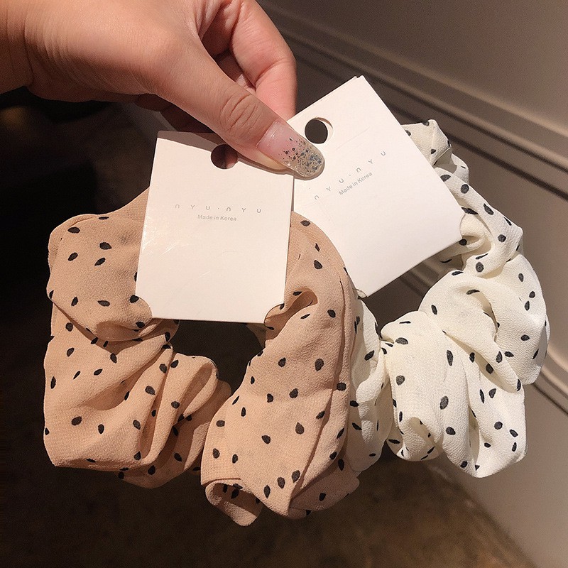 Chun buộc tóc scrunchies họa tiết chấm bi vintage vải voan lụa màu pastel hàng loại 1