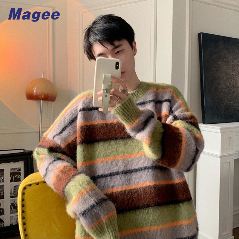 Áo sweater Cổ Tròn Dày Dặn Dáng Rộng Họa Tiết Kẻ Sọc Màu Sắc Tương Phản Thời Trang Thu Đông Cho Nam