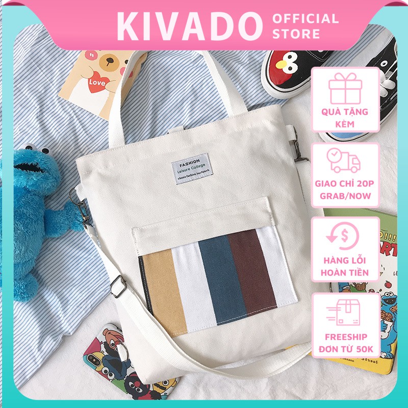 Túi vải bố canvas tote đeo chéo  đựng đồ quần áo đeo vai thời trang nhỏ giá rẻ kèm theo con gấu TVCC45