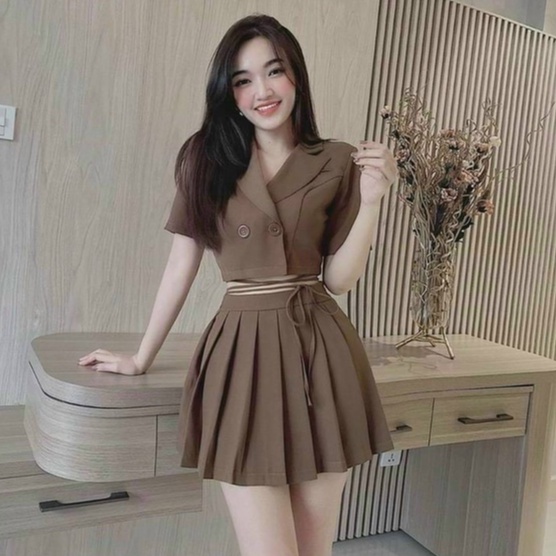 Vest nữ Sét áo vét đính nút , kèm chân váy xếp ly , cho nàng dự tiệc siêu xinh