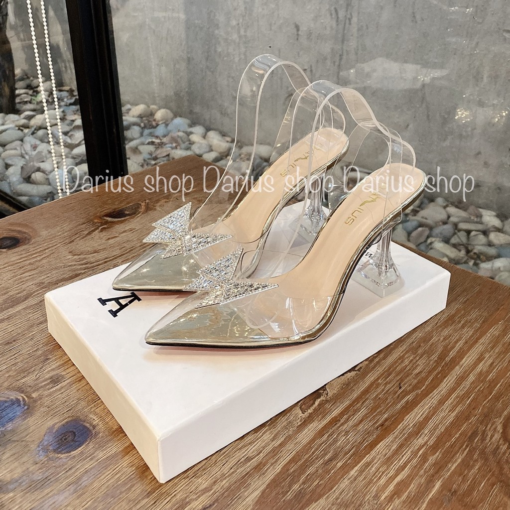 Giày cao gót mũi nhọn trong suốt đính đá nơ 9cm - BA78