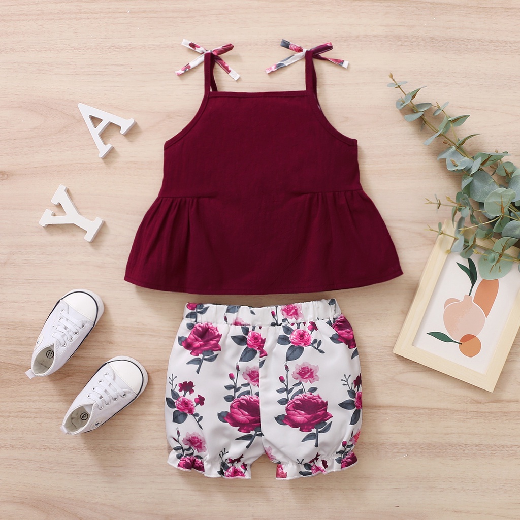 Set đồ Mikrdoo áo dây dễ thương + quần short hoa mùa hè thời trang cho bé gái