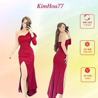 Đầm dạ hội freesize chất umi lệch vai tay dài một bên có mút ngực kimhoa77