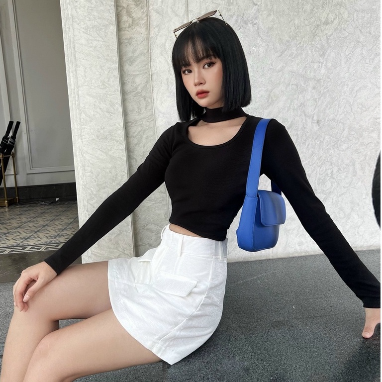 Áo croptop nữ body tay dài TOPTIFY cổ tròn có dây cài cổ Monaco Top AC13
