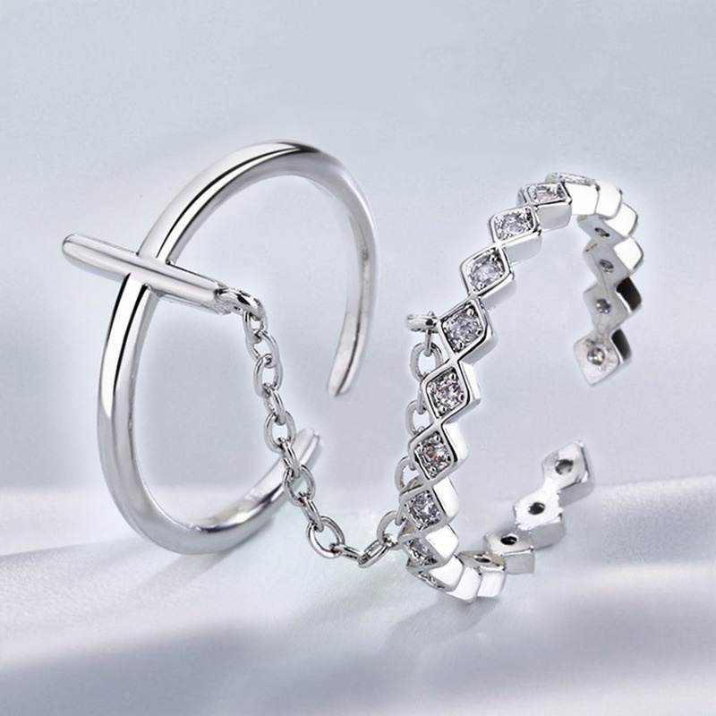 Nhẫn hở hai lớp mặt hình chữ thập phối dây xích đính đá thời trang dành cho bạn nữ