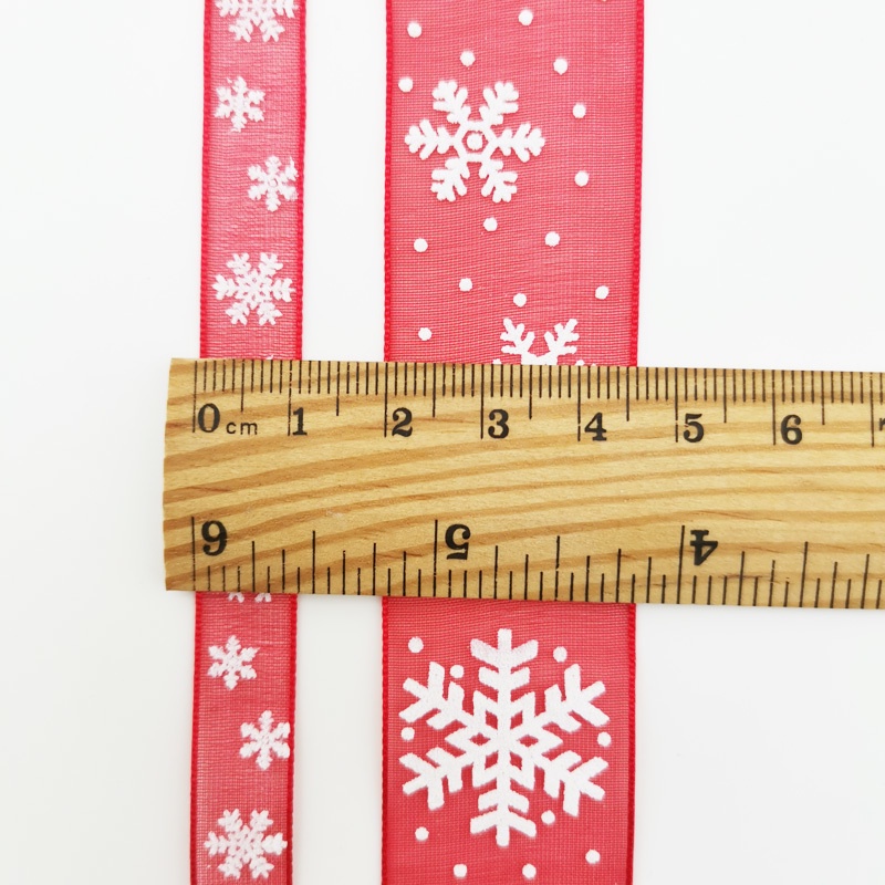 Cuộn Dây Ruy Băng Họa Tiết Bông Tuyết Màu Đỏ 10M 10mm / 25mm