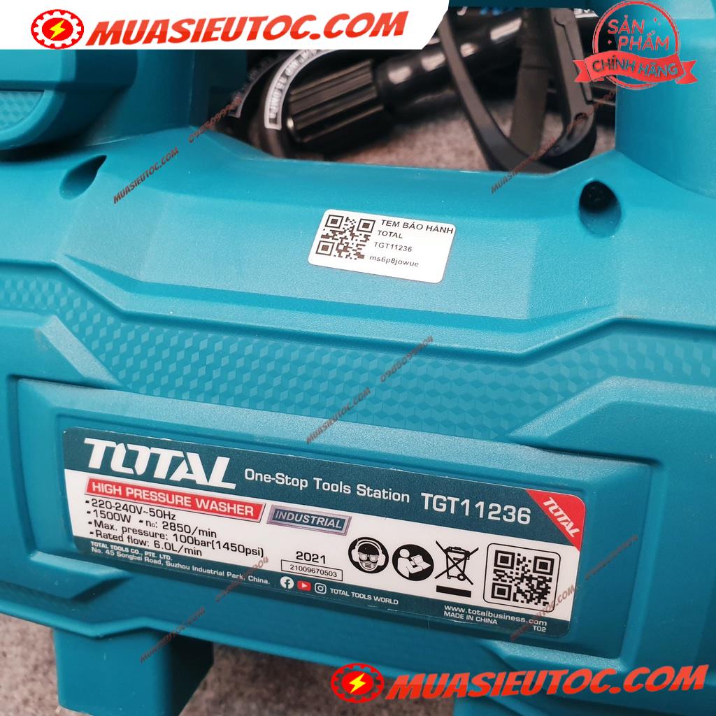 Máy xịt rửa xe cao áp mini 1500W Total TGT11236 Motor Từ áp lực nước mạnh, vệ sinh sàn nhà sân vườn, rửa xe máy ô tô