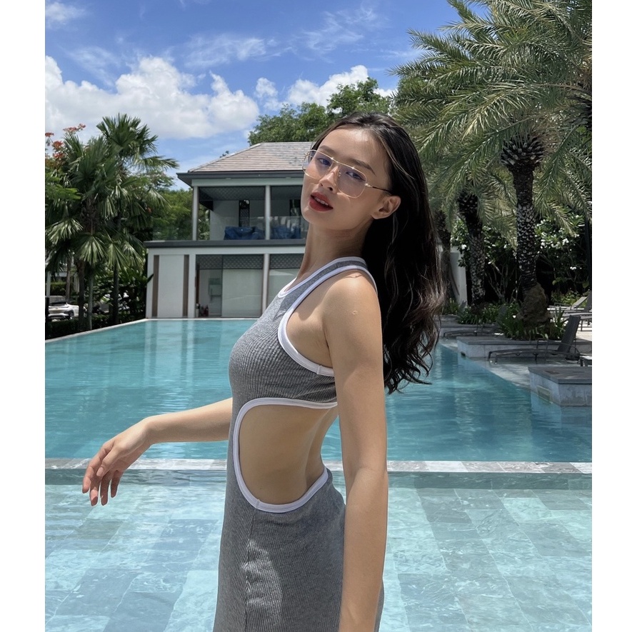 SALE Đầm thun len midi khoét eo lưng bo viền trắng