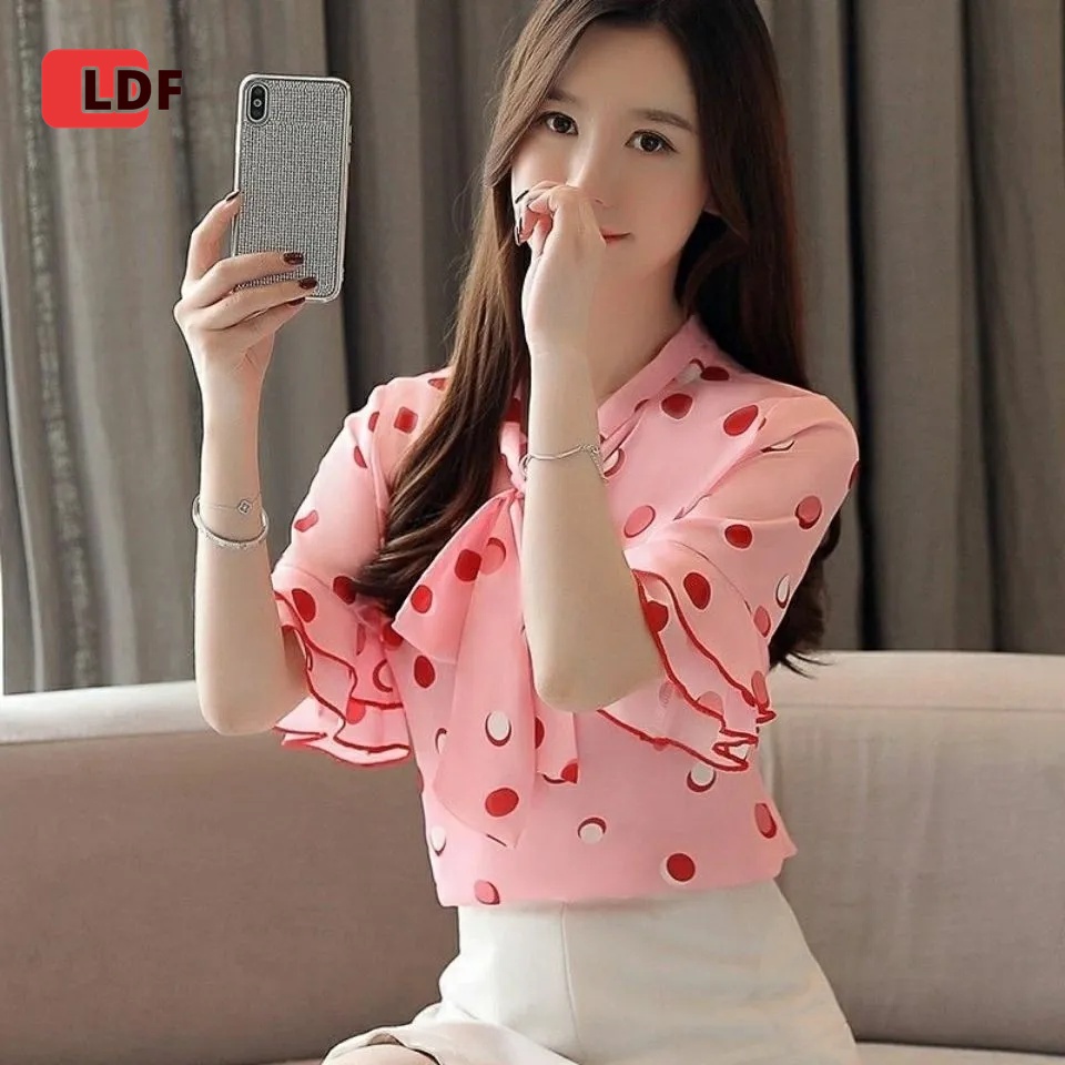 Áo Sơ Mi Chiffon Tay Loe Họa Tiết Chấm Bi Màu Nhuộm Sang Trọng Cho Nữ