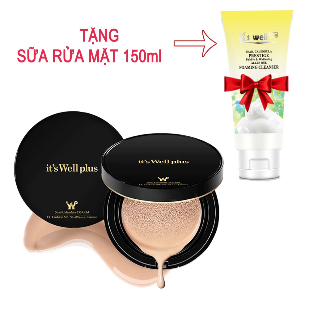 Kem phấn nước mềm mượt và dưỡng trắng da CC Cushion Gold It's Well Plus SPF 50+/PA+++ (Tặng 01 Sữa rửa mặt 150 ml)