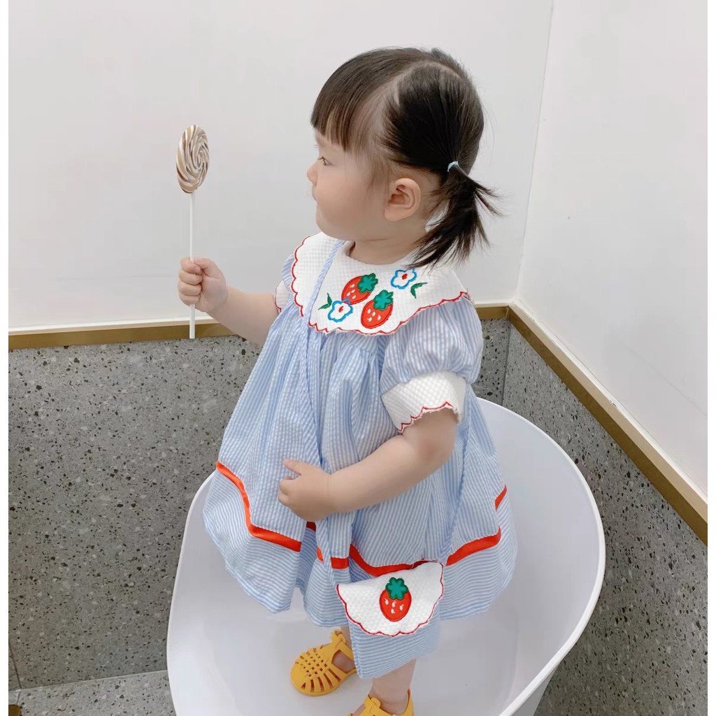 Set đầm dâu dâu tây kẻ sọc xanh + quần đùi bo chun cho bé gái từ 9-17kg [GS8]
