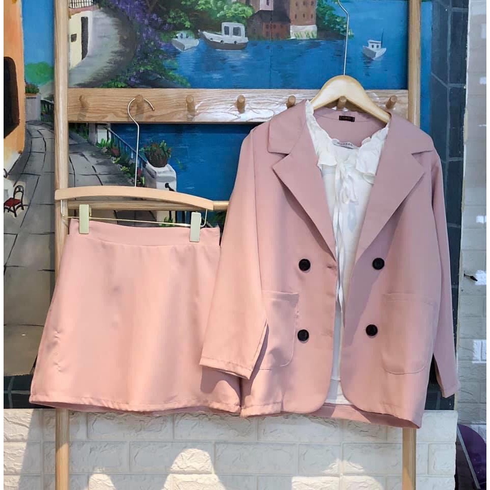 Set blazer kẻ sọc ngắn tay áo kèm quần cùng màu. Set bộ vest trơn mặc hè siêu chảnh 3 màu hothit
