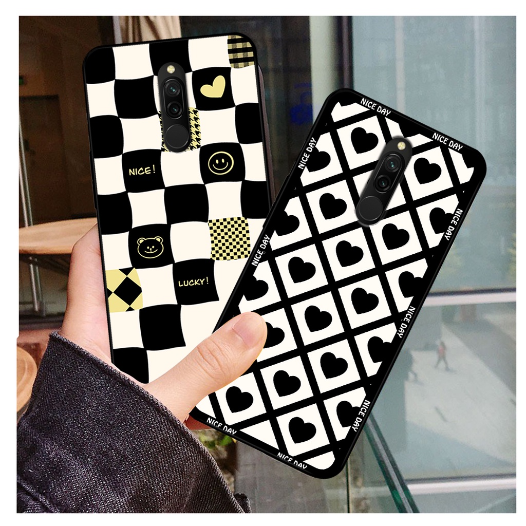Ốp lưng Xiaomi Redmi 8 in hoạ tiết caro trái tim đen trắng, gấu bear cute đáng yêu