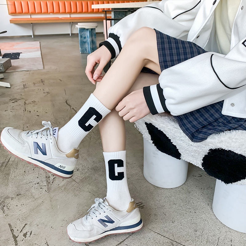 Vớ thể thao WAFNHA D360 vải cotton màu trơn in chữ C phong cách Hàn Quốc