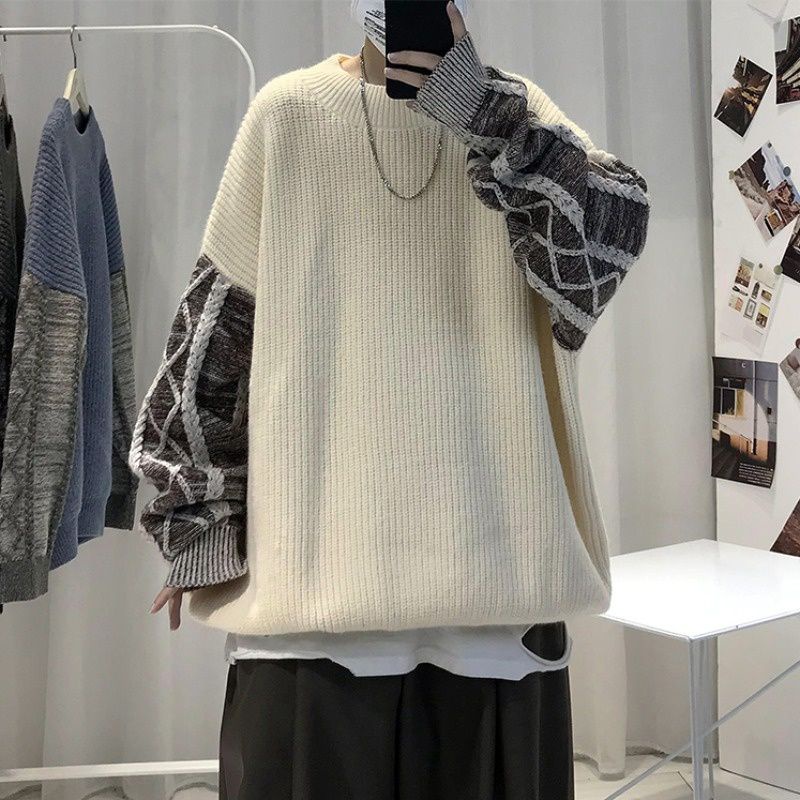 Áo Sweater Cổ Tròn Dáng Rộng Phối Màu Tương Phản Thời Trang Mùa Đông Hàn Quốc Cho Nam