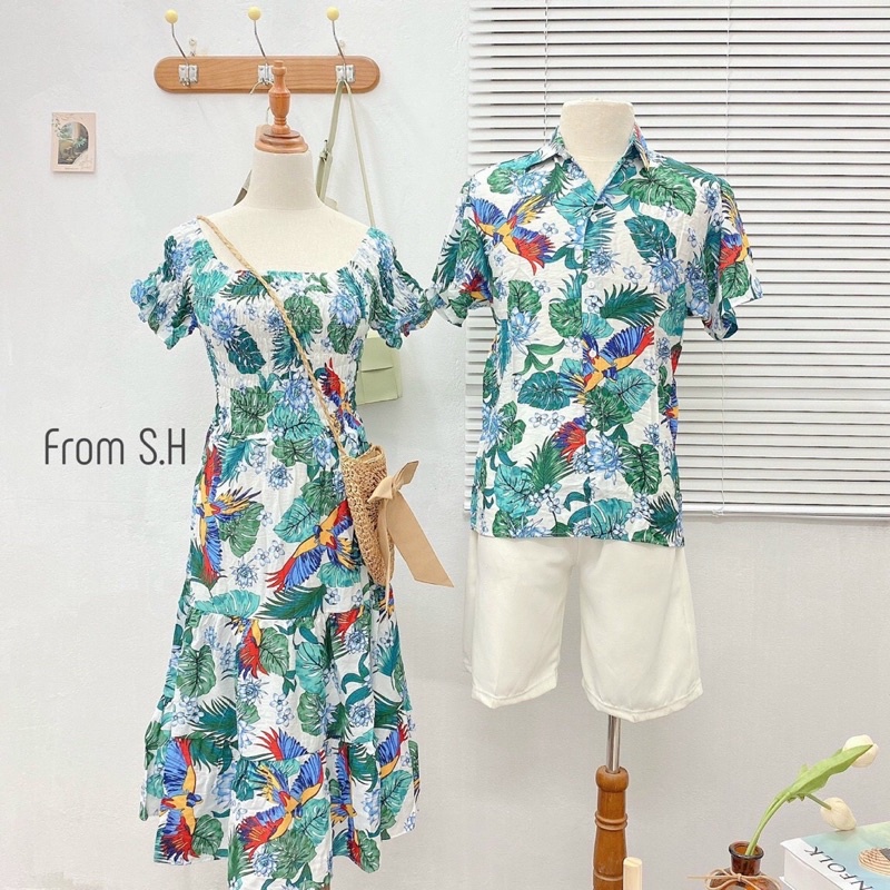 Bộ đôi đi biển váy nữ áo nam, áo sơ mi hoa quả