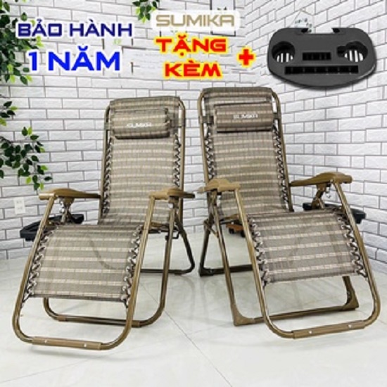 Ghế xếp thư giãn SUMIKA 179A - 179 NEW Lưới Vàng Tải 200kg - 300kg - KHÓA KIM LOẠI - Tặng Khay Để Ly