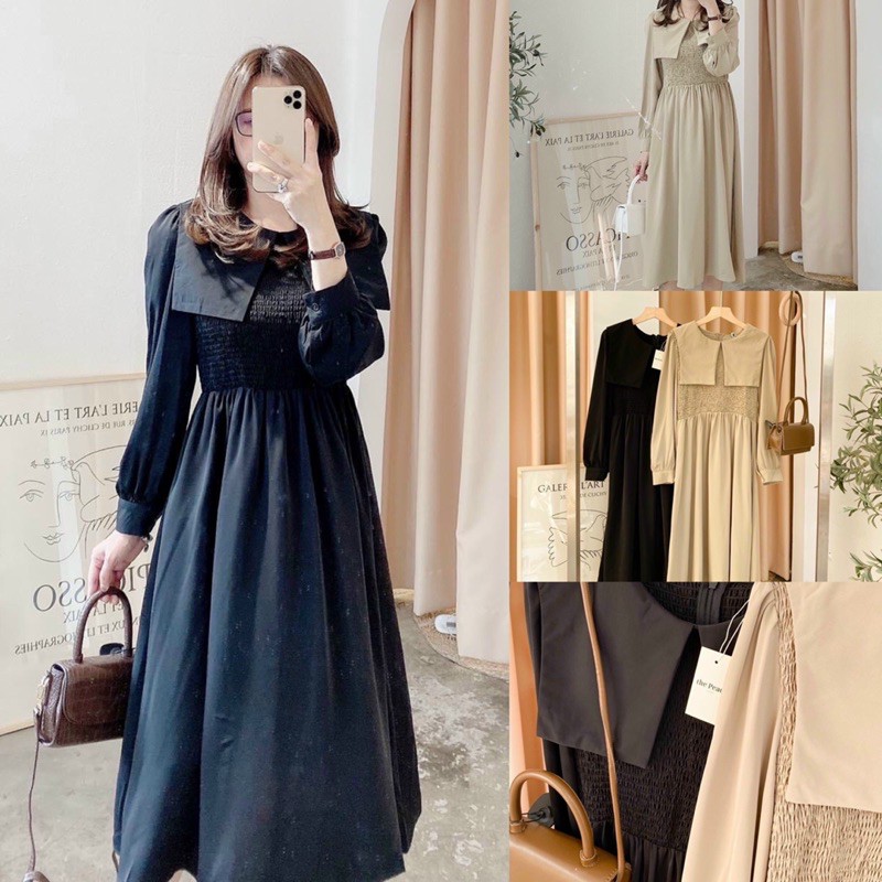 Đầm midi xoè cổ thuỷ thủ bo thun phần ngực 2 màu nude đen