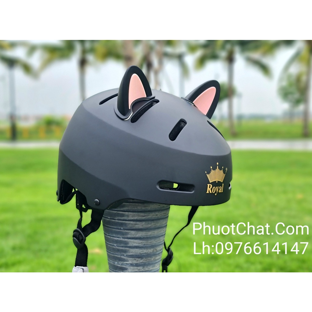 Combo Nón bảo hiểm Royal MD17 đen nhám gắn tai mèo đen - hồng