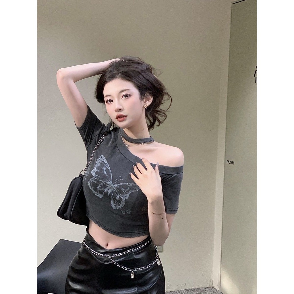 Áo Thun Croptop Cổ Yếm Tay Ngắn In Hình Bướm Thời Trang Cho Nữ 1281