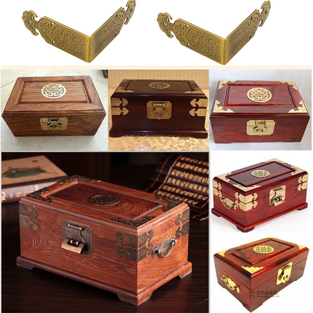 Set 8 phụ kiện kim loại đồng cổ chạm khắc bảo vệ góc hộp rương trang trí nội thất DIY