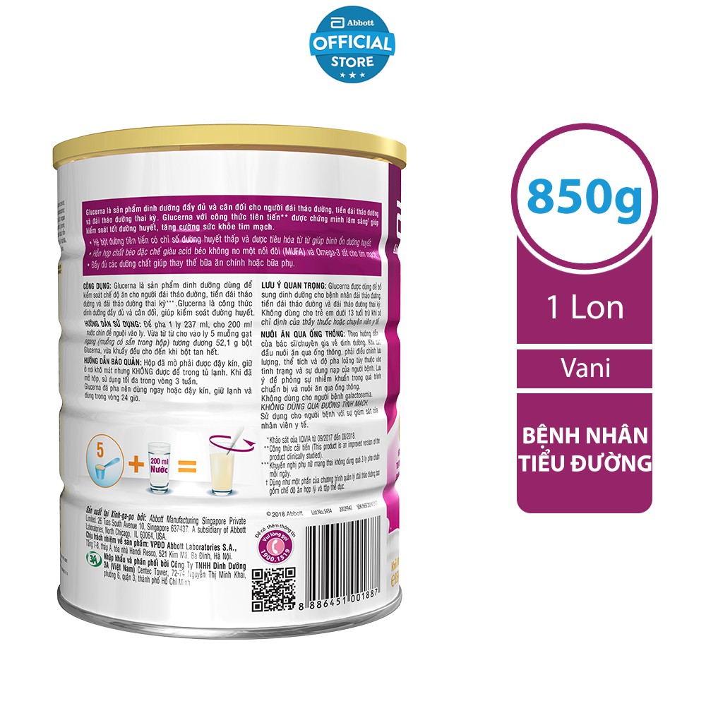 Sữa bột Abbott Glucerna 850g Dinh dưỡng chuyên biệt cho người đái tháo đường