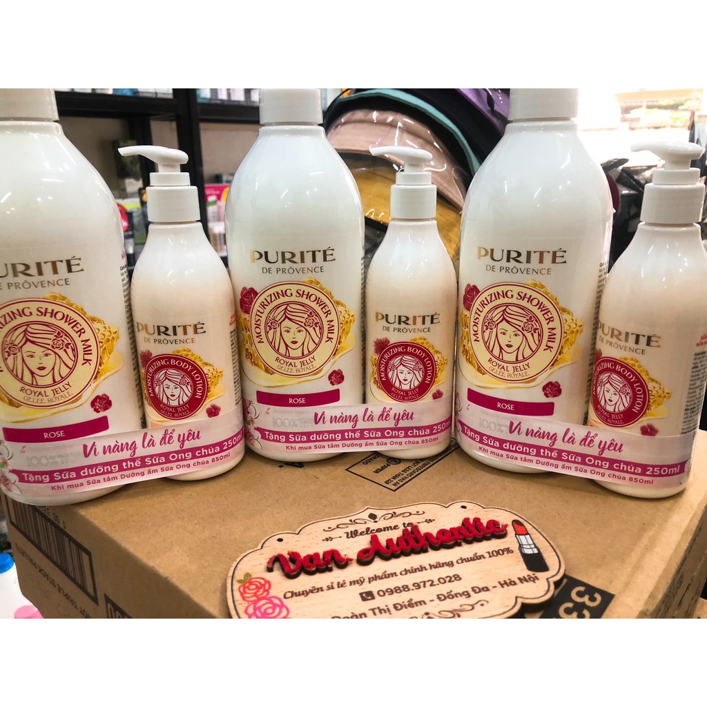 Sữa tắm trắng da sữa ong chúa Purite chính hãng 850 tặng kẹp dưỡng thể 250ml