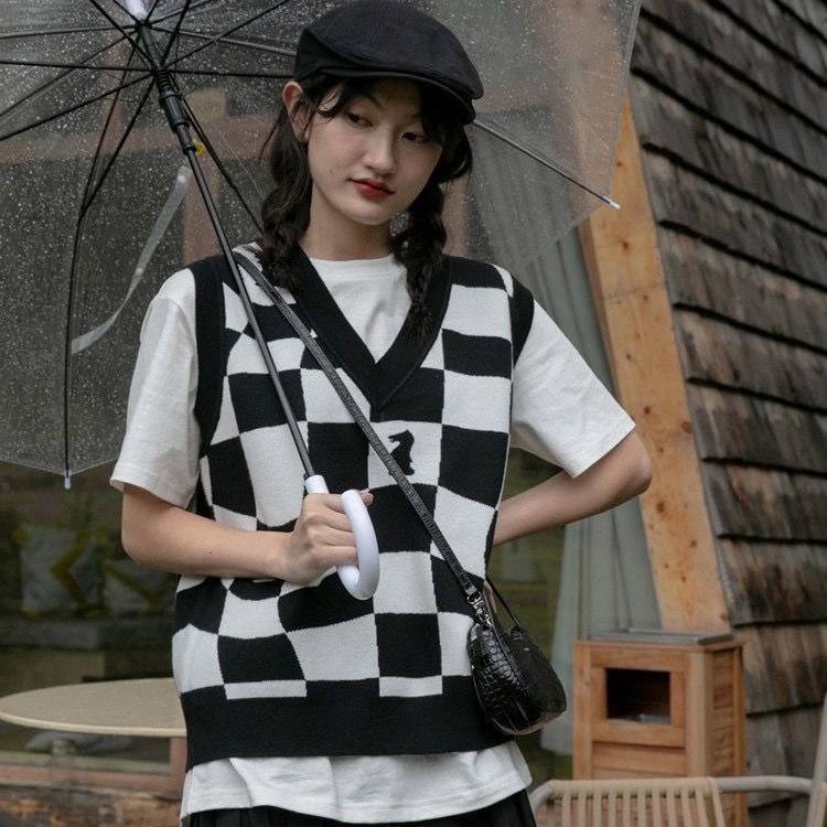 Áo Gile Len Thời Trang Họa Tiết Caro Đen, Áo Len Nữ Cổ Tròn Cao Cấp Phong Cách Hàn Quốc ULZZANG | BigBuy360 - bigbuy360.vn