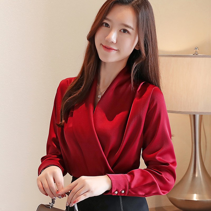 Áo Sơ Mi Satin Tay Dài Cổ Chữ V Thanh Lịch Thời Trang Công Sở Phong Cách Hàn Quốc Cho Nữ
