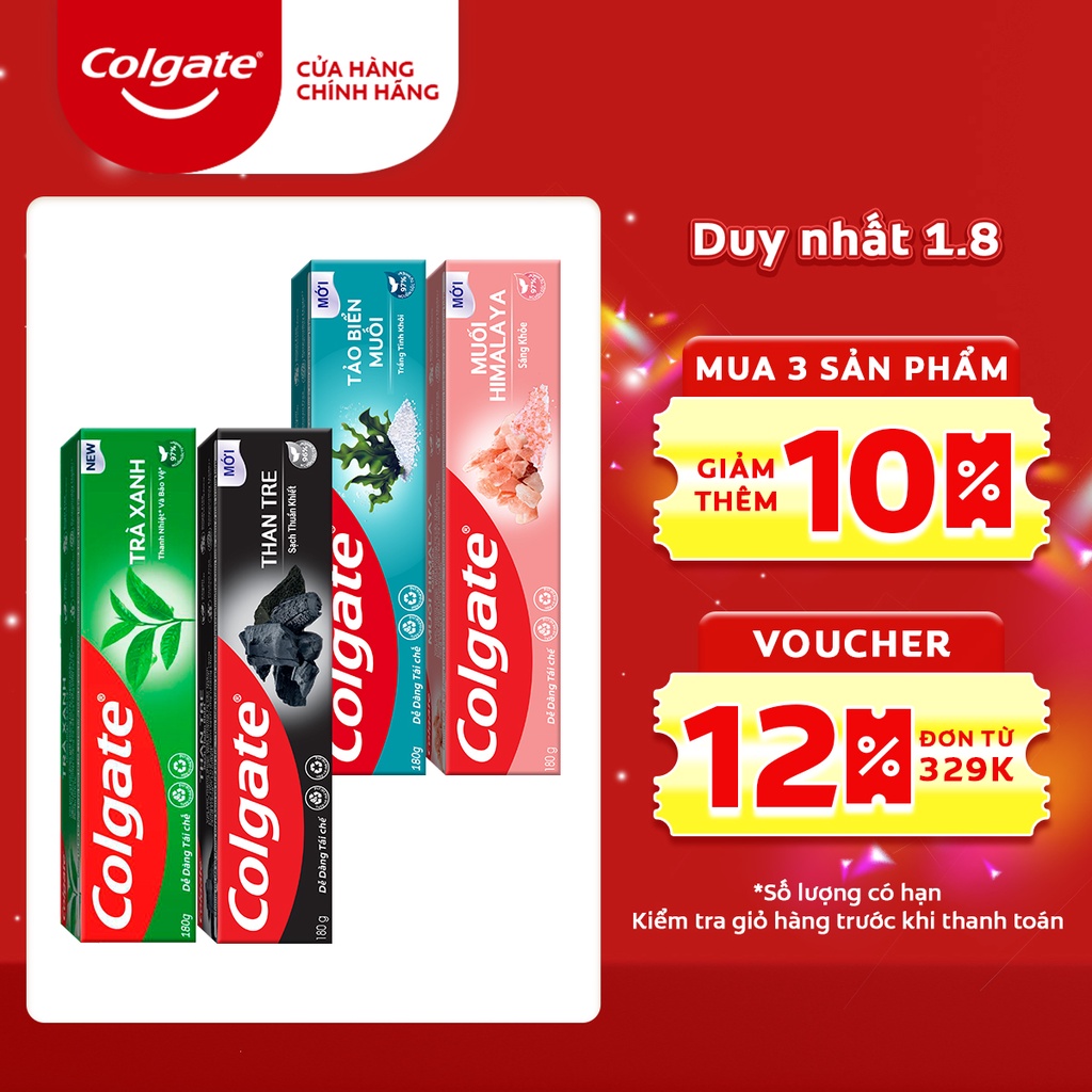 Kem đánh răng Colgate Thiên Nhiên Trà Xanh, Than Tre, Tảo biển và Muối hồng Himalaya 180g