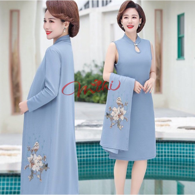 Váy trung niên nữ sang trọng thu đông V66 cổ tàu &amp; áo choàng 3 màu - Đầm dự tiệc thời trang cho mẹ trung tuổi cao cấp