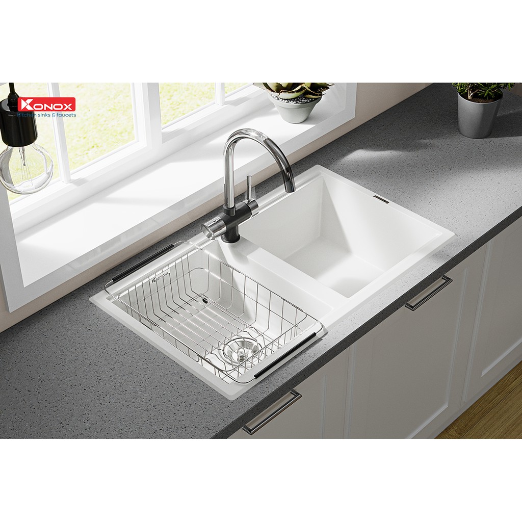 Chậu rửa bát đá KONOX Granite Series Phoenix 860 White Silver, Made in Italy, Full set gồm Siphon + Giá úp bát inox