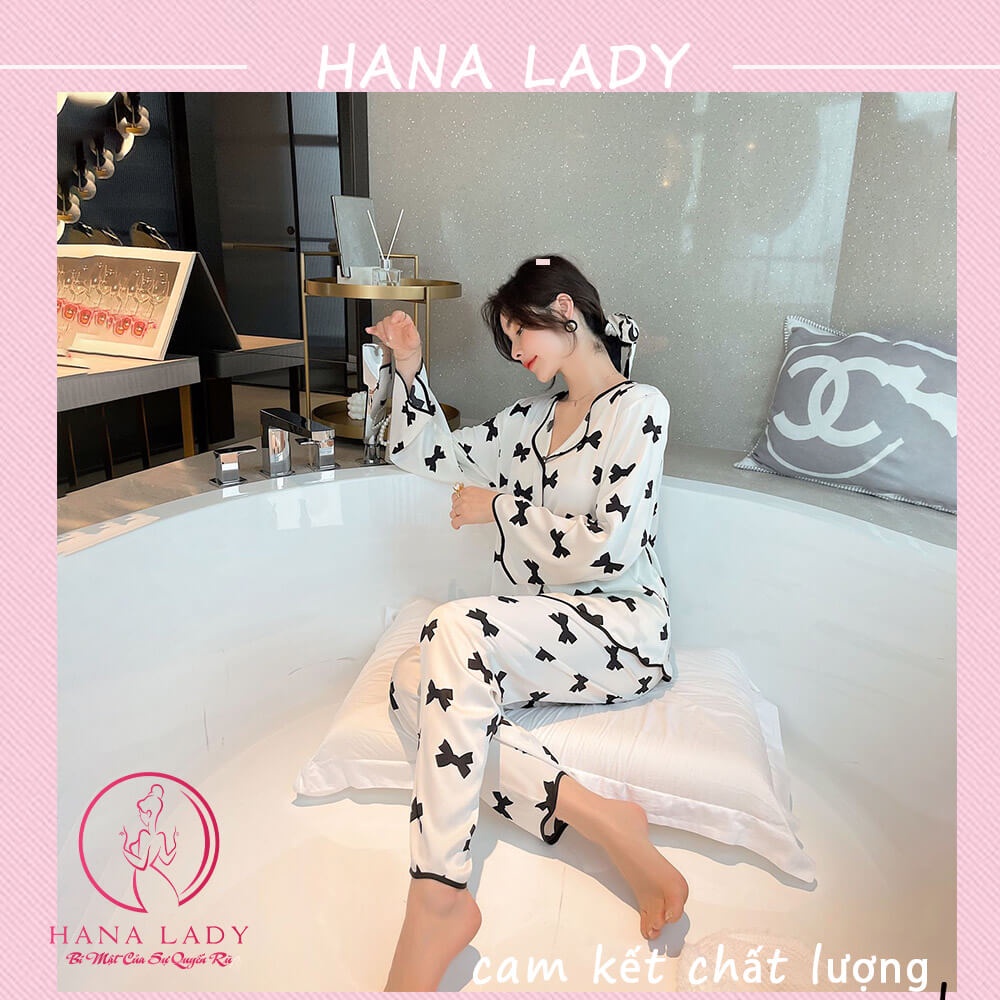 Đồ ngủ nữ - Bộ ngủ lụa pijama dài tay mặc nhà họa tiết nơ cao cấp Hana Lady PJ504