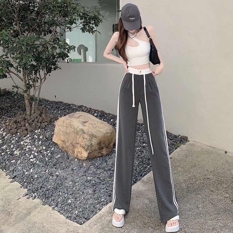 Quần Dài Thể Thao Nữ Dáng Rộng Cạp Cao Dây Rút Ống Suông Kẻ Sọc Thời Trang Sugal QUAN NU 040V8