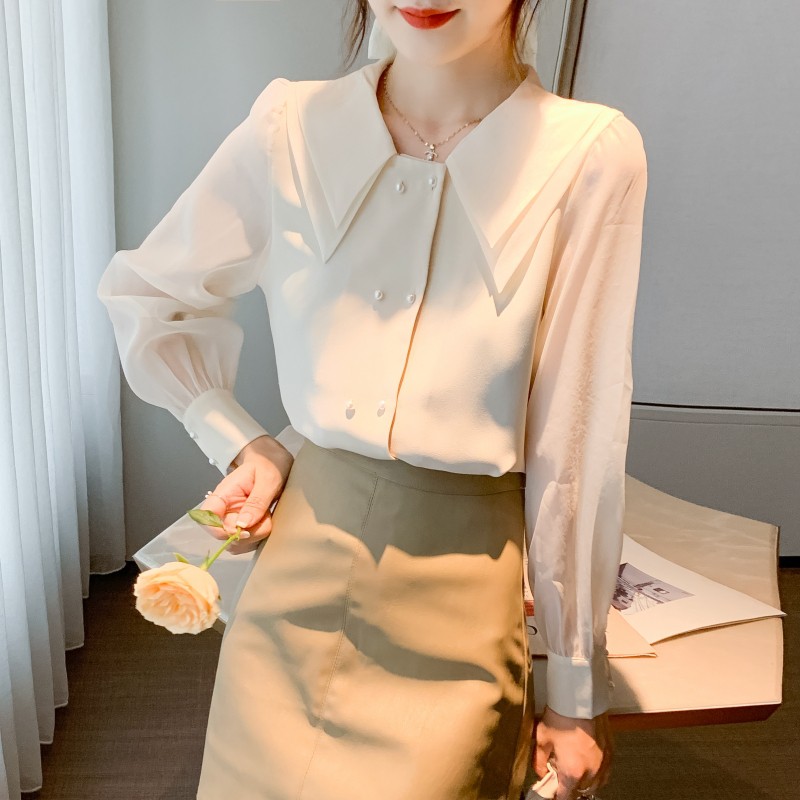 OFF WHITE Áo Sơ Mi Chiffon Tay Dài Cổ Peter Pan Dễ Thương Cho Nữ