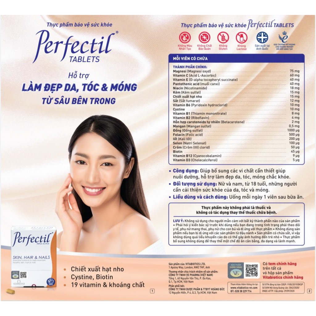 Viên Uống Hỗ Trợ Chăm Sóc Da, Tóc, Móng Vitabiotics Perfectil Hộp 30 viên