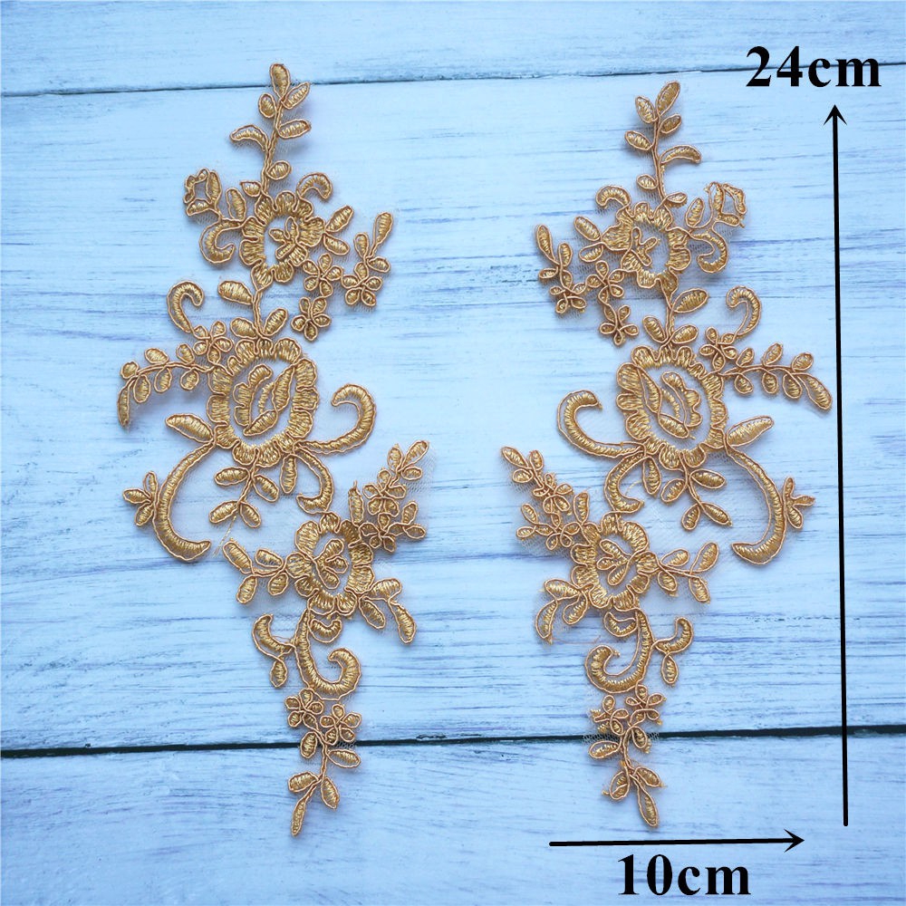 Set 2 Miếng Vải Ren Thêu Hoa Màu Vàng Dùng May Cổ Áo Cưới diy