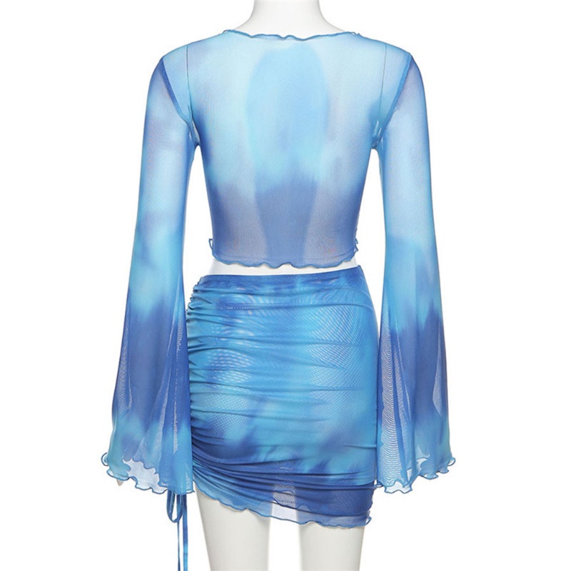 Bộ Đồ Bơi 2 Mảnh Áo Croptop Lưới Mỏng Tay Dài Thắt Nơ + Chân Váy Ôm Dáng Quyến Rũ Cho Nữ