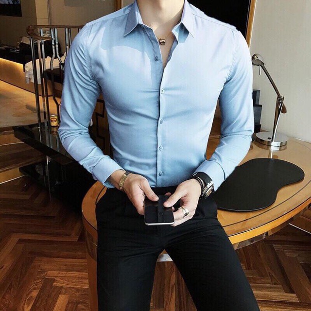 [SALE CỰC SỐC] Áo sơ mi xanh hàng cotton lụa trơn không nhăn mềm mịn mát
