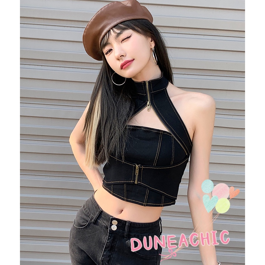 Áo kiểu DUNEA trễ vai phối khóa kéo quyến rũ thời trang dành cho nữ