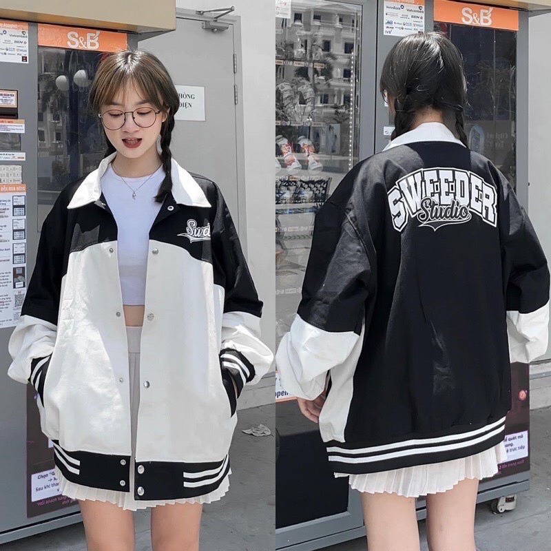Khoác Bomber Phối Thân Studio Nam Nữ Unisex Dáng Rộng Tay Bồng Cúc Bấm
