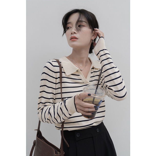 Porozi  Áo sweater  dệt kim dài tay kẻ sọc phong cách Hàn Quốc