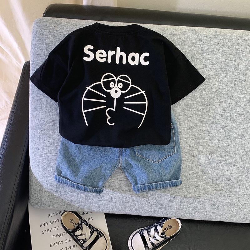 Bộ Áo Cộc Tay Và Quần Jean Cho Bé Trai Và Bé Gái Hình Doraemon Heri Kids