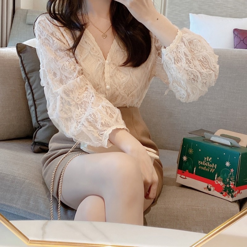 Áo sơ mi tay dài cổ chữ v phong cách Hàn Quốc thanh lịch cho nữ