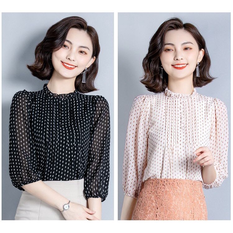 Áo sơ mi chấm bi nữ Hàn Quốc Tay lỡ - cổ trụ, vải voan - Danangsale