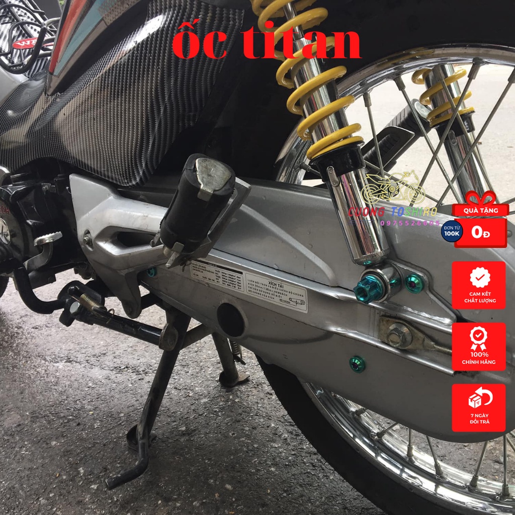 Ốc titan gr5 6li10 gắn hộp xích xe wave, bắt che sên, cate và nón bảo hiểm màu xanh lục bảo và tím