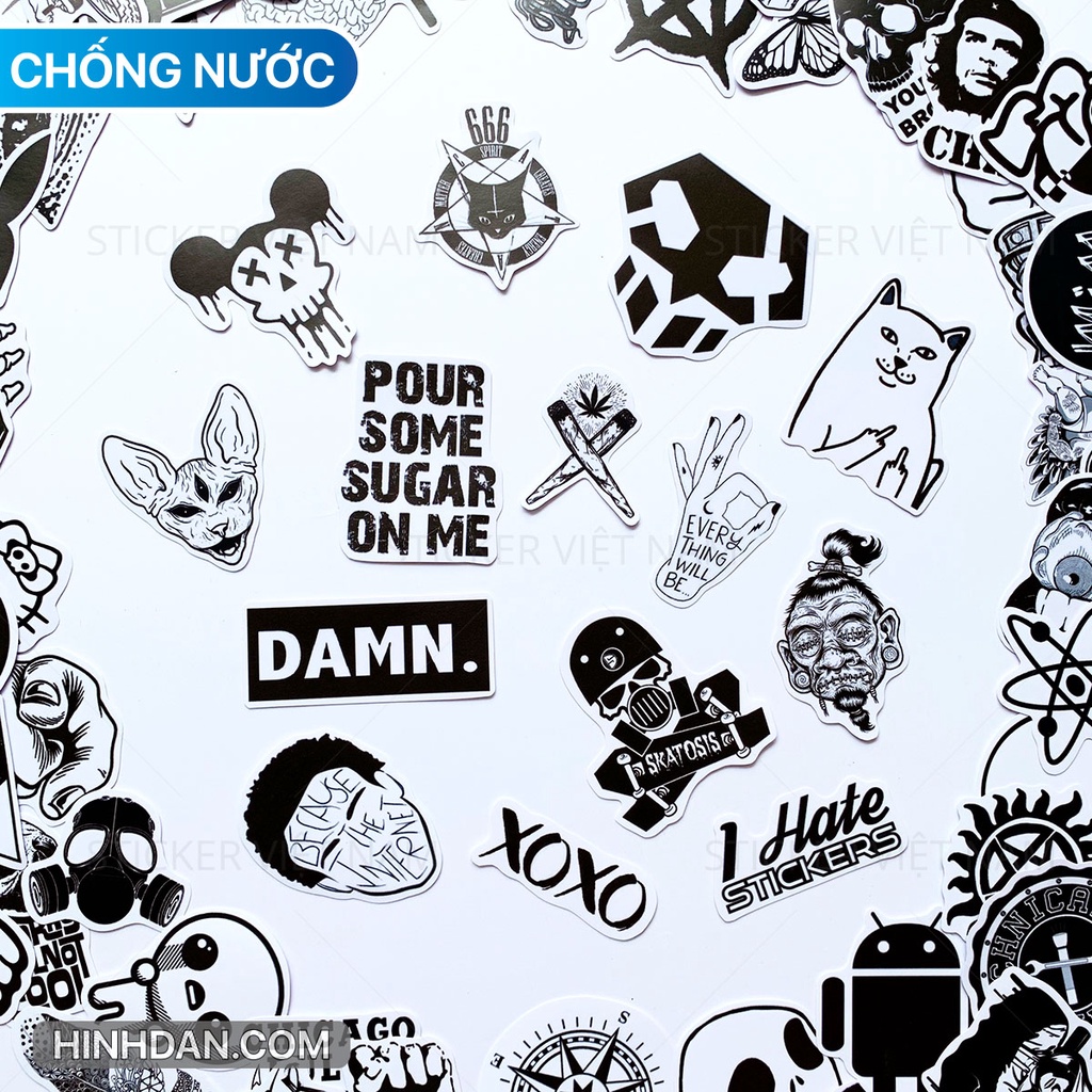 Sticker TRẮNG ĐEN - Black White ngầu Chống Nước Trang Trí Va Li, Xe, Laptop, Nón Bảo Hiểm, đàn guitar